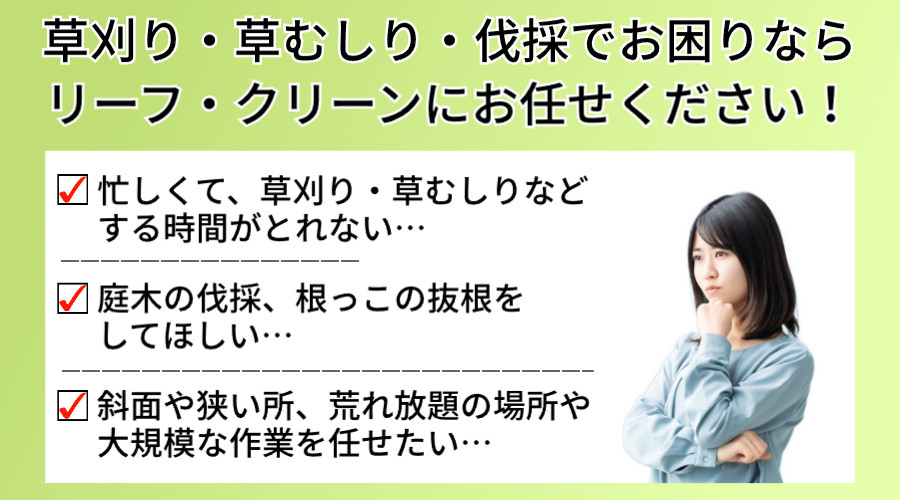 草木・樹木などで困っていませんか？近所に迷惑をかけている木、トラブルが心配。高すぎる気、戦線にかかる木、どうしよう・・・。庭木一本だけ、大規模な依頼だけど・・・。伐採した草木の処理に困っています。伸び放題で手に負えない状態、虫とか蛇とかいるかも。定期的に作業してもらう業者を探している。