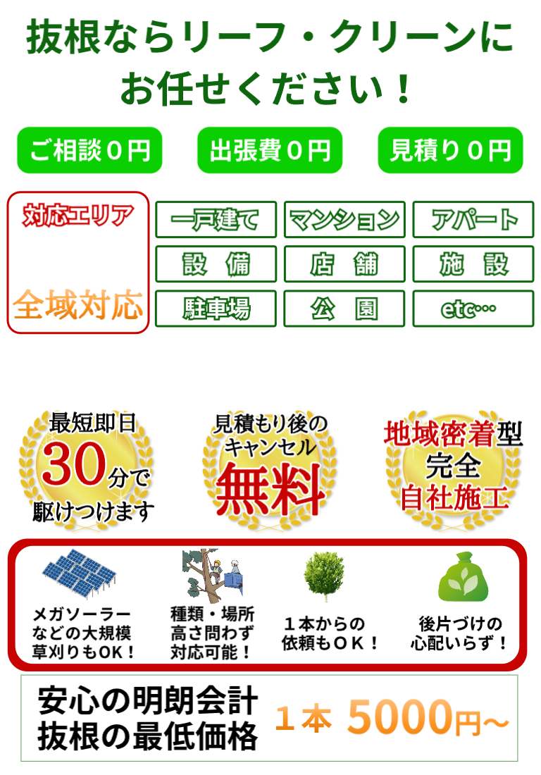 地元の草刈り・草むしり・伐採・抜根ならリーフ・クリーンにお任せください